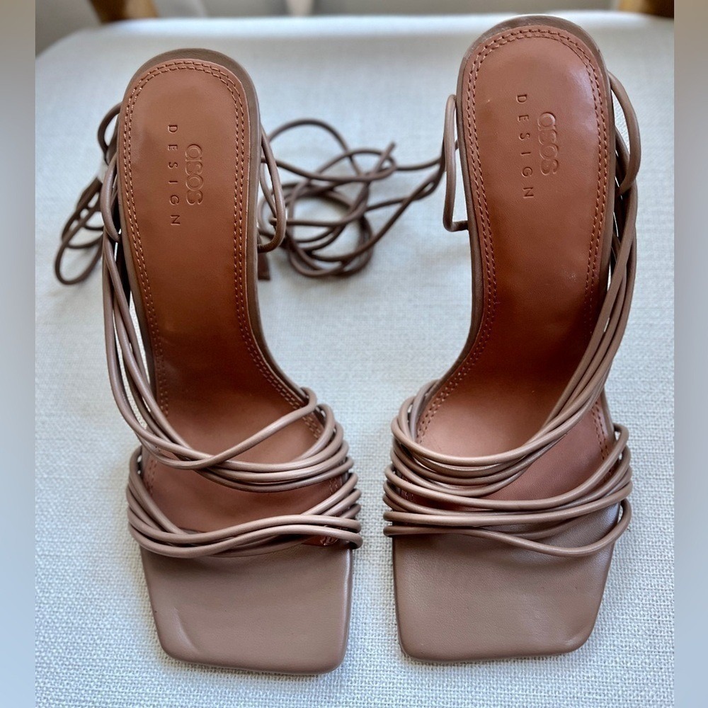 NEW ASOS Design Nest Strappy Ankle Tie Stiletto Sandals Tan Sz 6 - Picture 6 of 9